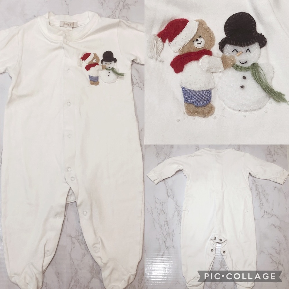 Baby Footed Winter Theme Playsuit Snowman & Teddy Bear Pima Cotton 9-12 Months
